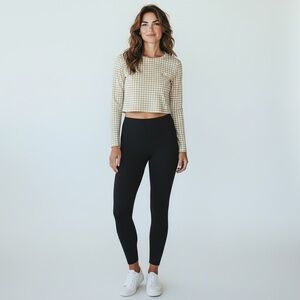 Astoria Luxe Brown and White Checkered Long Sleeve Cropped Top Womens Size M